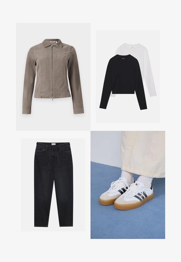 Braune Cordjacke mit Kragen und vorderem Reißverschluss. Verfügt über lange Ärmel und eine taillierte Passform, die eine strukturierte Oberfläche zeigt.; Zwei langärmelige Hemden: eines schwarz und eines weiß. Beide haben einen Rundhals, Raglanärmel und bestehen aus einem weichen Baumwollmischgewebe.; Schwarze Denim-Hosen mit lässiger Passform, ausgestattet mit einem Kordelzug am Bund und fünf Taschen. Glatte Textur mit minimaler Ausbleichung und kontrastierenden Nähten.; Weiße Sneaker mit schwarzen Streifen und beigen Wildlederakzenten. Besitzen eine strukturierte Gummisohle und flache weiße Schnürsenkel, getragen mit hellen Socken.