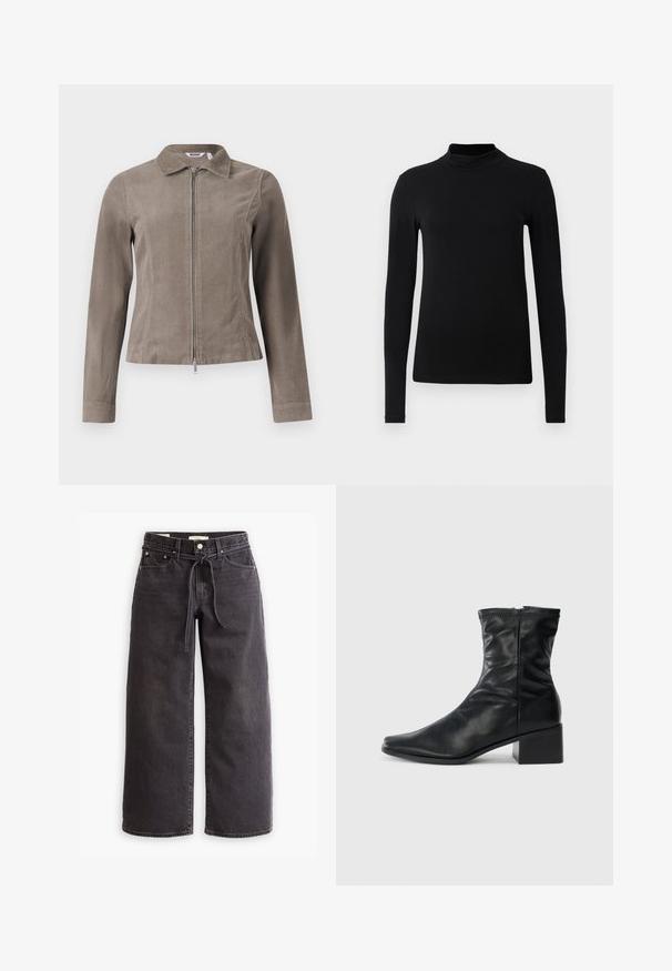 Chaqueta de pana marrón con cuello y cierre frontal de cremallera. Presenta mangas largas y un corte ajustado, mostrando una superficie texturizada.; Camiseta negra de cuello alto de manga larga hecha de una tela suave; diseño ajustado con un alto cuello y sin costuras visibles. Color sólido y sencillo.; Pantalones de mezclilla de pierna ancha negra, con cintura ajustable por cordón, cinco bolsillos y detalles de costura en contraste. Diseño frontal plano.; Bota de cuero negra a media pantorrilla con punta cuadrada, cremallera lateral y tacón ancho sobre un fondo blanco liso.