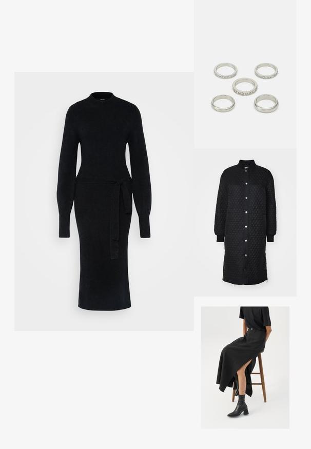 Mustpitchid pikk mantel, millel on lukuga esikülg, pealevähendavad nupud, soonikkoes varrukad, küljetaskud ja teemantmustriga tekstuur.; Mustriline mustast kootud kleit, millel on pikad varrukad, kõrge kaelus ja vöökoht. Siluett on istuv, sirge midi-pikkusega hem.; Must mustriga mustri, kõrge lõhiku ja musta T-särgiga, koos mustade ankle kingadega. Minimalistlik disain, lõtv istuvus.; Zign LEATHER - Käekott - dark red; Viie hõbesõrmuse komplekt erinevates disainides, sealhulgas üks, millel on selgete kividest rida. Sile ja peegeldav metallviimistlus.