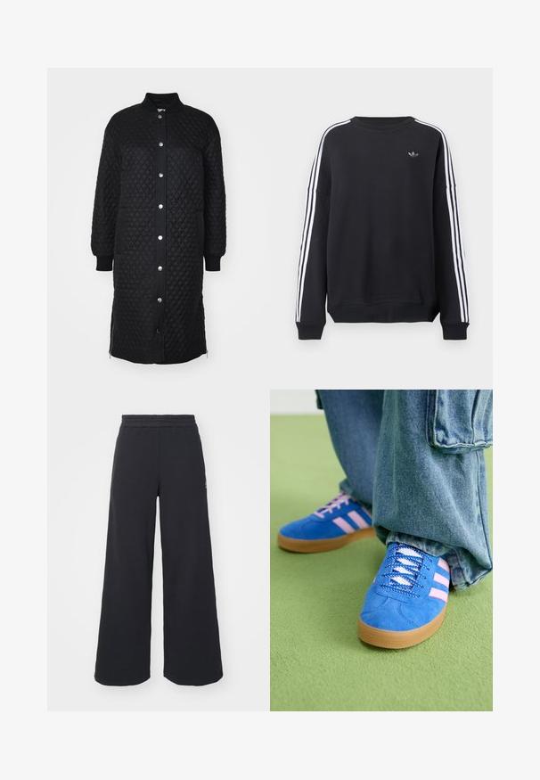Fekete steppelt hosszú kabát, cipzáros elülső résszel, patent gombokkal, bordázott mandzsettákkal, oldalsó zsebekkel és gyémánt mintázatú textúrával.; Fekete hosszú ujjú pulóver, fehér csíkokkal mindkét karon, és egy kis szürke logóval a mellkason. Pamut anyagból, kényelmes szabású.; Fekete, bő szárú melegítőnadrág, puha anyagból készült, rugalmas derékkal és egy kis logóval a bal oldalon.; Kék velúr cipők rózsaszín csíkokkal és fehér fűzővel, gumiból készült talppal, laza farmernadrággal egy zöld felületen.