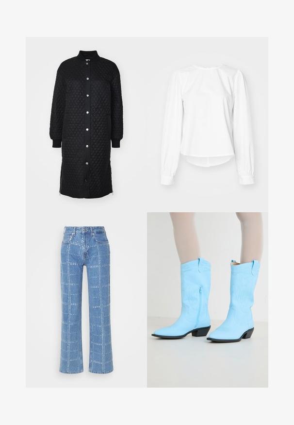 Čierny prešívaný dlhý kabát so zapínaním na zips, cvoky, rebrovanými manžetami, bočnými vreckami a textúrou s diamantovým vzorom.; Biela blúzka s dlhým rukávom a uvoľneným strihom, s vypuklými rukávmi, zaobleným výstrihom a gombíkovými manžetami. Hladká, svieža textúra.; Svetlo modré denimové nohavice so strihom s rovnými nohavicami, s mriežkovým vzorom strieborných cvokov a klasickým dizajnom s piatimi vreckami.; Svetlo modré kovbojske topánky s vyšívanými detailami, bočným zipsom, špicatou špičkou a čiernym, hrubým podpätkom. Hladká kožená textúra.