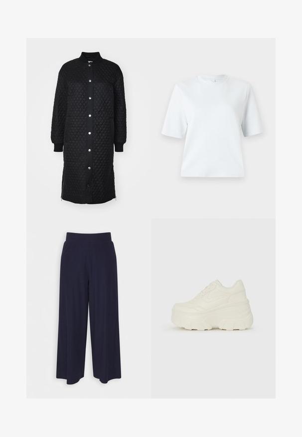 Črn podložen dolg plašč z zadrgo spredaj, pritisnimi gumbi, rebrastimi manšetami, stranskimi žepi in teksturo v obliki diamanta.; Svetlo modra kratka majica z napolnjenimi rokavi, izdelana iz mehkega bombaža. Ima klasičen okrogli izrez in sproščen kroj, brez vzorcev ali dodatkov.; Široke hlače iz temno modrega blaga z rebrasto teksturo. Imajo gladek pas in tekoč silhueto, ki seže do sredine tele.; Bele platformske tene z belim zgornjim delom, ki spominja na usnje, okroglo obliko, oblazinjen ovratnik ter gumo z teksturo na podplatu z izrazitimi profili.