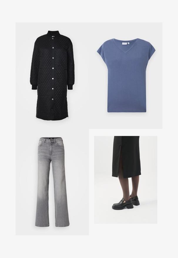 Casaco longo preto acolchoado com fecho de correr à frente, botões de pressão, punhos canelados, bolsos laterais e textura em padrão de diamante.; T-shirt de gola em V, de mangas curtas, numa cor azul suave, feita de um material de algodão macio com uma textura lisa e um corte descontraído.; Jeans de ganga cinzentos de cintura alta e corte reto, com botão e fecho à frente, bolsos dianteiros e traseiros, e desbaste nas coxas e panturrilhas.; Sapatos de couro pretos com bico arredondado, salto bloco grosso e detalhes elásticos laterais, combinados com meias escuras e uma saia preta com uma abertura.