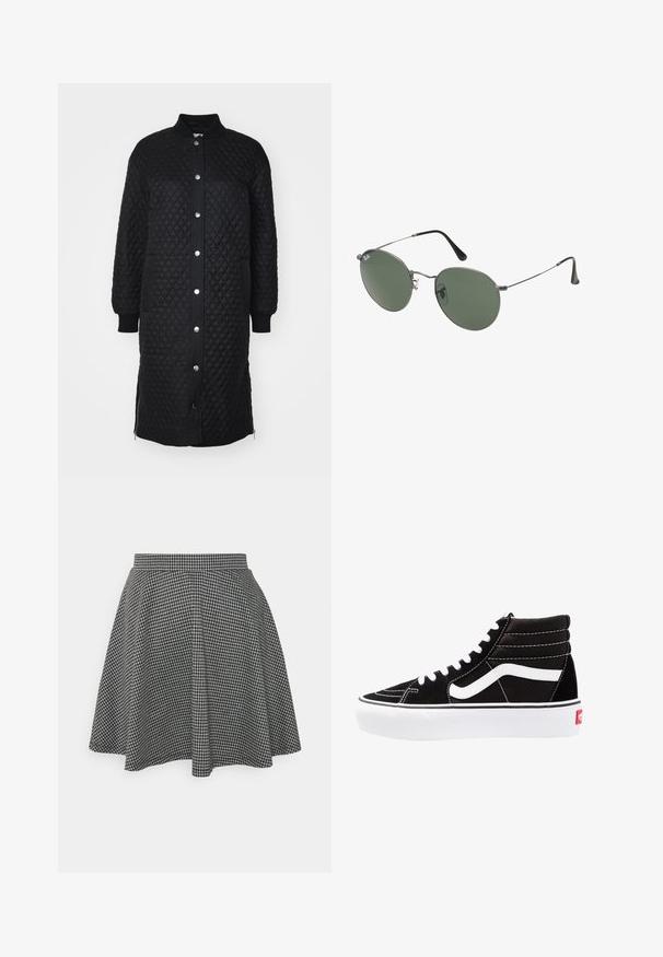 Svart vadderad lång jacka med dragkedja fram, tryckknappar, ribbade ärmslut, sidofickor och en diamantmönsterstruktur.; Svart ribbad kort tanktopp med rund halsringning och ärmlös design. Tillverkad av mjuk, stretchy tyg med rena, fållade kanter.; Svart och vit rutmönstrad skaterkjol med en åtsittande midja och utsvängd nederkant, tillverkad av textil med en klassisk struktur.; Svarta hög top sneakers med vita snören, en vit logotyp och kontrasterande vita sömmar. Har en tjock vit sula och texturerad mockaöverdel.; Metallinramade solglasögon med ovala gröna linser. Tunn silvermetallram och svarta öronpluggar. Minimalistisk design, inga synliga logotyper.