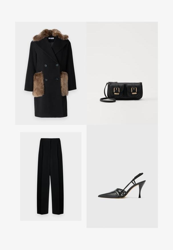 Melna vilnas mētelis ar brūnu mākslīgās kažokādas apkakli un sānu kabatām. Dubultā pogājuma dizains ar divām tumšām pogām. Strukturēta silueta.; Melna kokvilnas pusgarā kreklā. Iezīmēta ar apaļu kakla izgriezumu un īsām piedurknēm. Priekšpusē ar atbilstošas krāsas izšuvums "MICHAEL KORS".; Melni plati bikses ar augstu jostasvietu, kas papildinātas ar pudiem un gludu tekstūru. Audums izskatās viegls un eleganti krīt.; Melna ādas augstpapēžu sandalē ar norādītu pirkstu, krustenisku siksnu dizainu un tievu stiletto papēdi. Gluda tekstūra un minimāli akcenti.; Melnas ādas crossbody soma ar divām priekšējām kabatām, zelta sprādzēm, ar rāvējslēdzēju aizdari un šauru siksnu. Strukturēta virsma un kompakta taisnstūra forma.