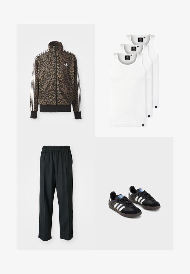 Ζακέτα με σχέδιο λεοπάρ, κλείνει με φερμουάρ σε καφέ και μαύρο χρώμα, με λευκές ρίγες στα μανίκια και μαύρη ριμπ ύφανση στο τελείωμα. Κλασικό λογότυπο Adidas.; Τρία λευκά ριμπ μπλουζάκια από βαμβάκι. Διαθέτουν στρογγυλή λαιμόκοψη και μικρές μαύρες ετικέτες κοντά στο στρίφωμα. Διαθέσιμα σε πολλές μεγεθύνσεις.; Μαύρο αθλητικό παντελόνι με ελαστική μέση, κατασκευασμένο από λείο ύφασμα, με διακριτική ραφή στο πλάι και χαλαρή εφαρμογή, σχέδιο ίσιου ποδιού.; Μαύρα αθλητικά παπούτσια με επάνω μέρος από σουέτ και συνθετικό υλικό, με τρεις λευκές ρίγες, υφασμάτινη σόλα από καουτσούκ και μπλε ταυτότητα λογότυπου στη γλώσσα.