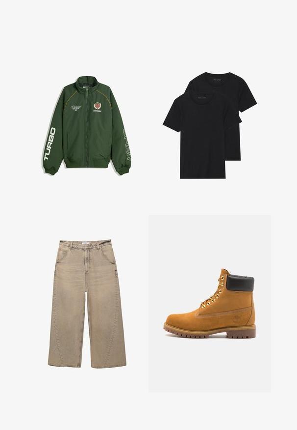 Giubbotto bomber verde con zip frontale, polsini e orlo a costine. Testo sulle maniche: "TURBO" e "SPIRIT." Loghi sul petto in giallo e rosso.; Due magliette nere di cotone a maniche corte, con scollatura rotonda e una texture liscia, esposte impilate insieme.; PULL&BEAR MEGA BAGGY - Jeans baggy - light grey; Stivale alla caviglia in suede tan con collare imbottito nero, occhielli in metallo dorato, dettagli in cucitura bianca e suola in gomma robusta con battistrada pronunciato.