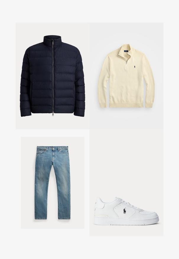 Tumši zila pūkaina jaka ar augstu apkakli, pilnu priekšējo rāvējslēdzēju un ādas šūšanas rakstu. Izgatavota no mīksta, izolēta auduma siltumam.; Krēmveida zip-up džemperis, kas izgatavots no adīta auduma, ar ribota tipa apkakli un apakšmalu, kā arī nelielu tumši zilu izšūtu logotipu uz krūtīm.; Gai zilu denima bikses ar taisnu griezumu, pogu aizdari, piecām kabatām, mazu izbalējumu un piktošu akcentu.; Balts sporta apavu ar teksturētu ādas augšu, apaļu purngalu, plakaniem auklām un melnu logotipu sānos. Gumijas zolīte ar saķeres rakstu.