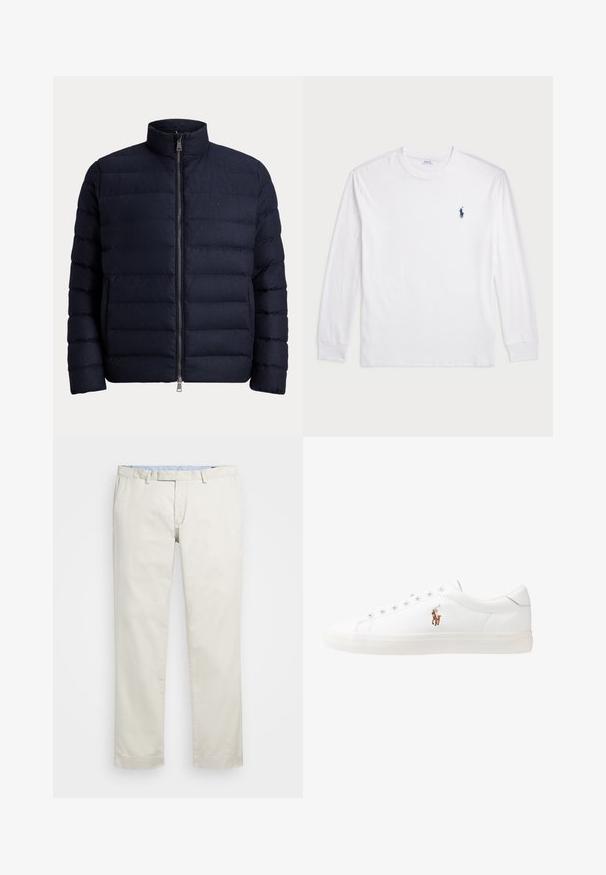 Tamsiai mėlynas pūkinis švarkas su aukštu apykakle, užtrauktuku priekinėje dalyje ir siuvinejimo raštu. Pagamintas iš minkštos, izoliuotos medžiagos, suteikiančios šilumą.; Balta ilgomis rankovėmis marškinėliai iš medvilnės. Gali būti apvalios formos kaklas, raukšlės ant rankovių, ir nedidelis tamsiai mėlynas polo logotipas kairėje krūtinės pusėje.; Šviesiai rudi medvilniniai chinos tipo kelnės su plokščiu priekiniu dizainu, diržo kilpomis ir šoninėmis kišenėmis. Tiesaus kirpimo dizainas su lygiu paviršiumi ir lengvu, kvėpuojančiu jausmu.; Baltos odinės sportbačiai, žemo profilio, su lygia tekstūra, apvalia nosimi, raištelių sistema priekyje ir mažyte siuvinėta logo šone.