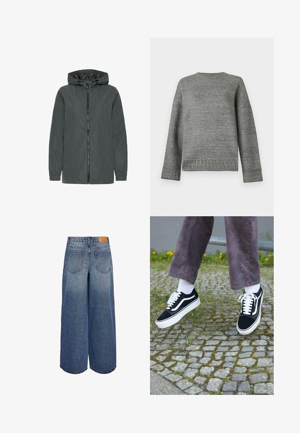 Hooded jacket in dark gray, made of smooth material. Features front zipper, elastic cuffs, and side pockets for functionality.; Gray knit sweater with a round neckline, dropped shoulders, and ribbed cuffs and hem. Smooth texture with a solid color and minimal detailing.; Wide-leg denim culottes in medium blue wash with a faded texture, featuring two back pockets and a brown leather brand tag on the waistband.; Black suede sneakers with white accents, featuring a rounded toe, thick white sole, and classic lace-up design, worn with white socks and purple pants.