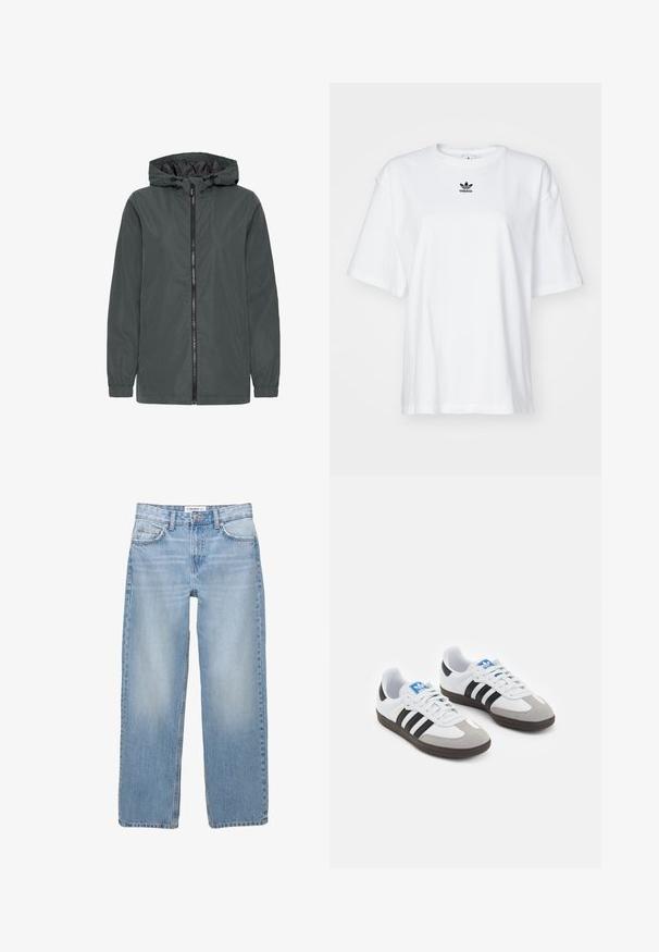 Gevoerde jas in donkergrijs, gemaakt van soepele stof. Voorzien van een rits aan de voorkant, elastische manchetten en zijzakken voor functionaliteit.; Witte korte mouwen t-shirt van katoen. Voorzien van een ronde hals en een klein zwart Adidas-logo op de borst. Rechthoekige zoom.; Lichtblauwe denim jeans met een recht model, vijf zakken en zichtbare stiksels. De stof heeft een zachte, iets vervaagde textuur.; Sportschoenen met een witte leren bovenkant, grijze suède neus en drie zwarte strepen. Bevat een blauw logo op de tong en een gestructureerde rubberen zool.