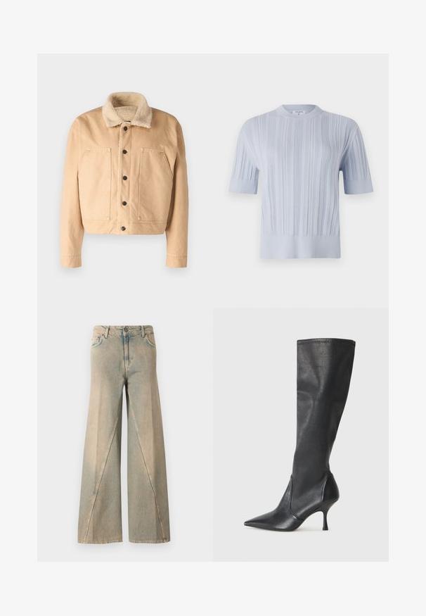Veste en denim beige avec un col en fausse fourrure doux, des boutons à l'avant et deux grandes poches poitrine. Elle se distingue par sa longueur raccourcie et ses détails brodés.; T-shirt tricot à manches courtes de couleur bleu clair, présentant une texture en côtes verticales et un col rond. Le tissu révèle des détails subtils avec une finition ajustée.; Jean large bleu clair en denim. Doté d'une taille haute, de poches avant et d'un motif de couture distinctif le long des jambes.; Bottes en cuir noir arrivant jusqu'aux genoux avec un bout pointu et un talon aiguille fin. Texture lisse avec un design ajusté et des coutures au bord supérieur.