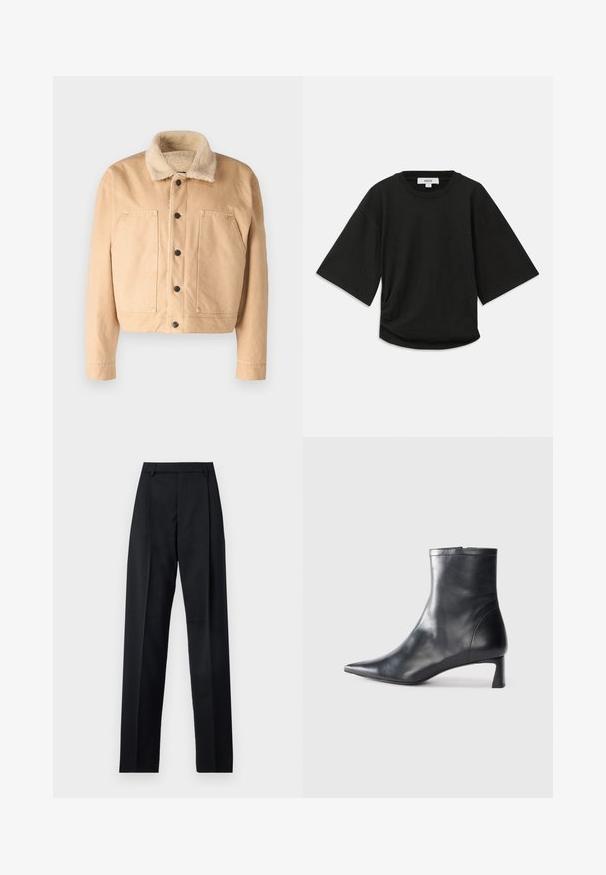 Beige denim jacket with a soft shearling collar, front buttons, and two large chest pockets. Features a cropped length and stitched detailing.; Black short-sleeve t-shirt made of soft cotton, featuring a round neckline and a relaxed fit with a subtle gathered detail at the side.; Black trousers made from smooth fabric featuring a high waist, wide legs, front pleats, and classic belt loops. No side pockets visible.; Black leather ankle boot with a pointed toe and a sleek design. Features a low heel and a zipper closure at the back. Smooth texture.