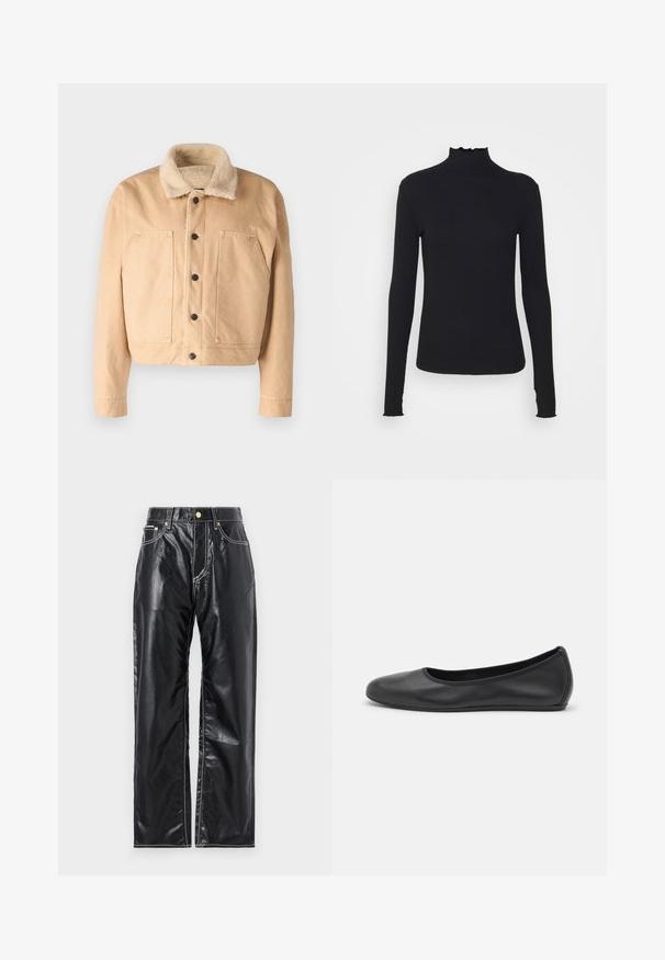 Giacca di jeans beige con un morbido colletto in shearling, bottoni frontali e due grandi tasche sul petto. Presenta un taglio corto e dettagli cuciti.; Maglione nero a maniche lunghe con colletto a dolcevita realizzato in tessuto morbido, caratterizzato da un collo arricciato e una silhouette aderente con bordi semplici.; Pantaloni neri in finta pelle con taglio wide-leg, dotati di cuciture bianche, tasche anteriori e un bottone dorato in vita.; Pantofole da balletto nere in pelle con punta arrotondata, texture liscia, dettagli di cucitura minimi e design con suola flessibile.