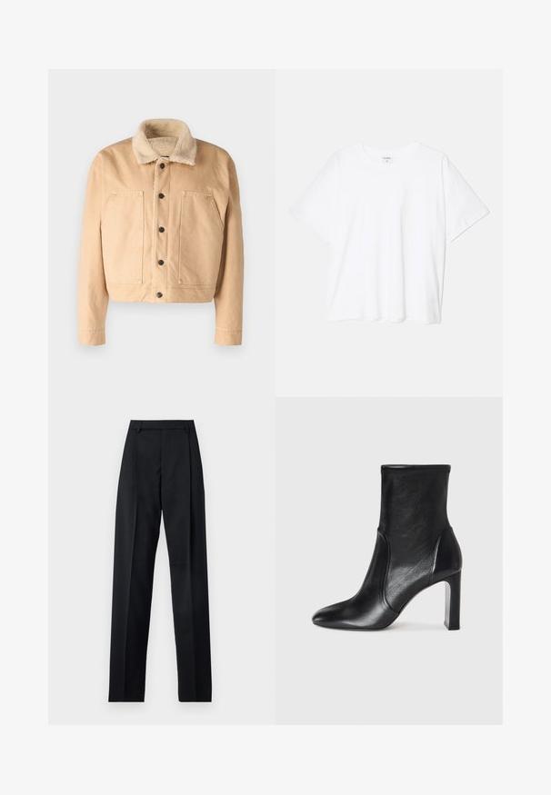 Beige denim jacket with a soft shearling collar, front buttons, and two large chest pockets. Features a cropped length and stitched detailing.; White cotton t-shirt with short sleeves, round neckline, relaxed fit, and stitched hem. Label visible on the inside neck.; Black trousers made from smooth fabric featuring a high waist, wide legs, front pleats, and classic belt loops. No side pockets visible.; Black leather ankle boot with a sleek design, pointed toe, and a high block heel. Features smooth texture and minimalistic stitching detail.