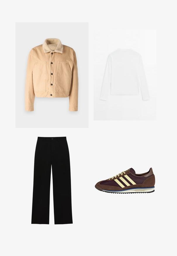 Beige-Denimjacke mit weichem Lammfellkragen, vorne mit Knöpfen und zwei großen Brusttaschen. Hat eine verkürzte Länge und gesteppte Details.; Schlichtes weißes Langarmshirt mit Rundhalsausschnitt, von hinten gezeigt, flach auf einem weißen Hintergrund ausgelegt.; Schwarze, hochtaillierte, weit geschnittene Hosen aus glattem Material, mit flacher Vorderseite, Knopfverschluss und ohne sichtbare Taschen.; Braune und burgunderfarbene Sneaker aus Wildleder und Mesh-Materialien, mit drei cremefarbenen Streifen, strukturiertem Stoff an der Zunge und einer Gummisohle.