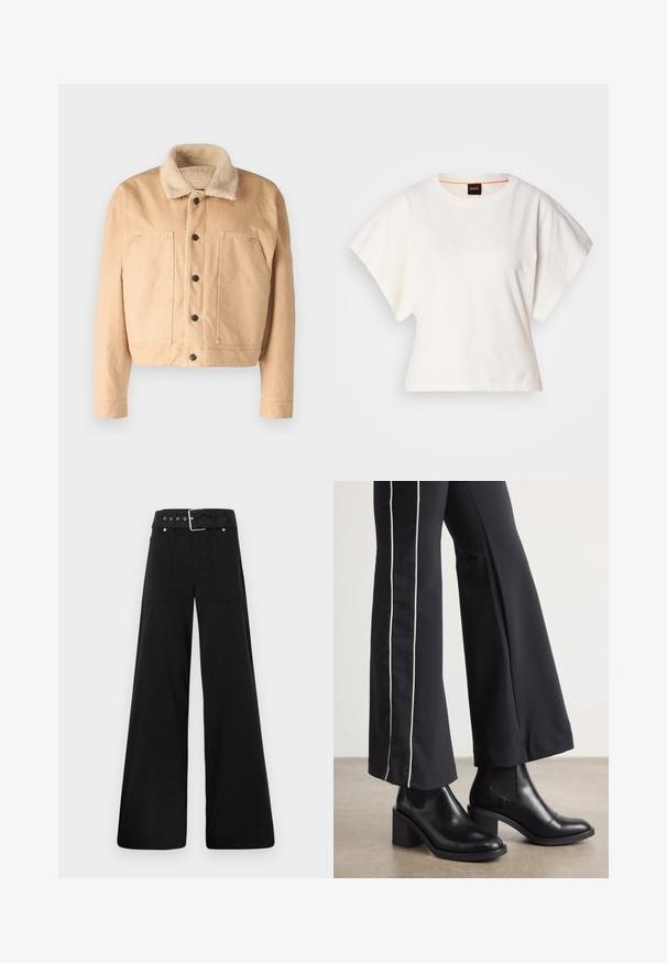 Veste en denim beige avec un col en fausse fourrure doux, des boutons à l'avant et deux grandes poches poitrine. Elle se distingue par sa longueur raccourcie et ses détails brodés.; T-shirt blanc cintré, manches courtes et larges, en coton doux, décolleté rond avec une discrète bordure orange, design minimaliste, sans motifs ni graphiques.; Pantalons larges noirs en coton, avec une taille haute, de grandes poches latérales et une taille ceinturée avec des accents en métal argenté.; Bottines en cuir Noir avec un talon bloc, dotées de panneaux élastiques sur les côtés. Associées à un pantalon noir avec une rayure blanche sur le côté.