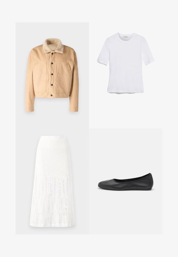 Beige-Denimjacke mit weichem Lammfellkragen, vorne mit Knöpfen und zwei großen Brusttaschen. Hat eine verkürzte Länge und gesteppte Details.; Weißes kurzärmliges T-Shirt aus geripptem Stoff. Runder Halsausschnitt, normale Passform und dezente Nähte. Keine Muster oder Grafiken.; Gestreifte weiße Midi-Rock aus Strick mit einem strukturierten Muster und Ausschnitten am Saum. Elastischer Bund. Weiches Material.; Schwarze Leder-Ballettschuhe mit abgerundeter Spitze, glatter Textur, minimalen Nähdetails und einem flexiblen Sohlen-Design.