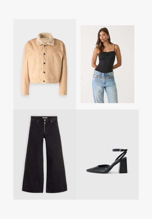 Beige denim jack met een zachte schapenvacht kraag, voorknopen en twee grote borstzakken. Heeft een cropped lengte en gestikte details.; Zwarte getailleerde body met een vierkante halslijn, gecombineerd met lichtblauwe jeans met een decoratieve zilveren en roze riem.; Wijdvallende jeans van zwarte denim met een ritssluiting aan de voorkant, vijf zakken en subtiele stikdetails. Soepele textuur en casual stijl.; Zwarte leren puntige pump met een enkelbandje en een chunky hak. Vlakke textuur, strakke vormgeving en minimalistische esthetiek.