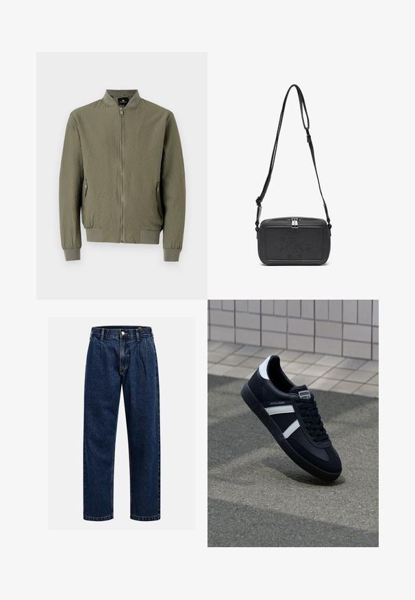 Olive green bomber jacket with a textured surface, ribbed cuffs and collar, and front zip closure. Features two side pockets.; Cream cotton t-shirt with short sleeves and a crew neckline. Features a graphic print in blue and red with text and a motif.; Dark blue denim jeans with a straight-leg design. Features visible stitching, a button closure, and front pleats for added detail.; Black leather sneaker with white stripes, textured rubber sole, and lace-up front. Features a branded label on the tongue.; Black leather crossbody bag with a zip closure, embossed logo on the front, and adjustable strap. Smooth texture with a rectangular shape.