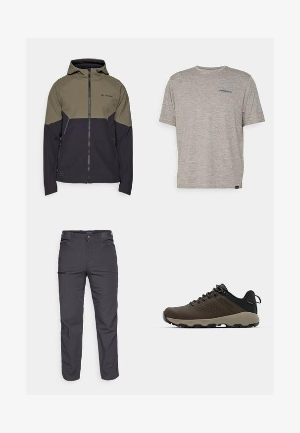 Kapuzenshirt mit einem olivgrünen und dunkelblauen Farbkombinationsdesign, aus dehnbarem Stoff gefertigt, mit Reißverschlusstaschen und Logoschriftzug.; Graues T-Shirt mit kurzen Ärmeln, aus weichem, strukturiertem Stoff, mit einem kleinen blauen Patagonia-Logo auf der linken Brust. Keine zusätzlichen Muster.; Dunkelgraue Hose aus strapazierfähigem Material, mit einer Reißverschlusstasche, geradem Schnitt und Gürtelschlaufen für eine verstellbare Passform.; Braune wasserdichte Sneakers mit einer strukturierten Oberseite, perforierten Akzenten, schwarzem Fersenschutz und einer grauen Gummisohle. Die Schnürsenkel sind mit metallischen Enden gestaltet.