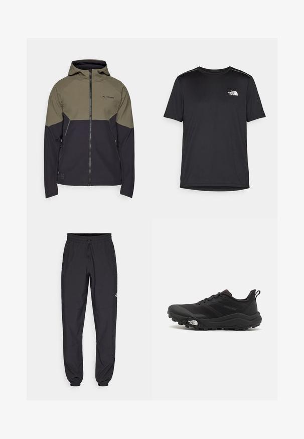 Hooded jack met een olijfgroen en donkerblauw kleurblok ontwerp, gemaakt van rekbare stof met ritszakken en logoaccent.; Zwarte T-shirt met korte mouwen, gemaakt van lichtgewicht stof. Bevat een klein wit logo op de linkerborst en verfijnde schouderaccenten.; Zwarte sportieve broek gemaakt van lichtgewicht stof, met een trekkoord in de taille, zijzakken en taps toelopende boorden bij de enkels.; Zwarte trailrunning schoen met een gestructureerde bovenkant, rubberen zool en versterkte neus. Voorzien van een gevoerde kraag en een trekhaak voor eenvoudig aan- en uittrekken.