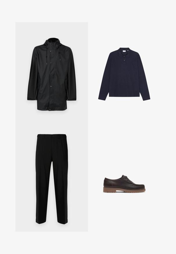 Sort vandafvisende regnfrakke med hætte, der har en frontlukkefunktion med trykknapper og sidelommer, lavet af glat og let stof.; Mørkeblå langærmet bomulds polo skjorte med krave, med tre knaplukninger og en simpel texture. Ingen synlige mønstre eller accenter.; Sorte bukser lavet af glat stof, med lige snit, to forlommer og lynlås med knaplukning.; Les Deux TAYLOR - Sejlersko - dark brown