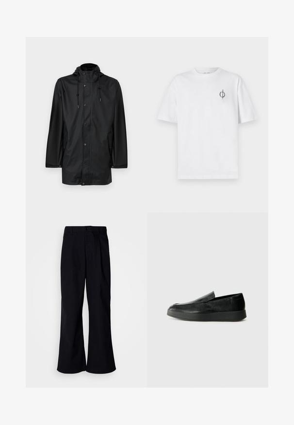 Mustat vedenpitävät sadetakit hupulla, edessä napeilla suljettavat, sivutaskut, valmistettu sileästä, kevyestä kankaasta.; Valkoinen puuvillapaita rentoa istuvuutta, jossa on pieni musta graafinen logo vasemmassa rintataskussa. Lyhyet hihat, pyöreä kaula-aukko.; Mustat leveät housut puuvillasta, joissa on edessä laskos, napin suljenta ja vyölenkit, sileä rakenne ja ei näkyviä kuvioita.; Calvin Klein HYBRID CUP - Loaferit/pistokkaat - triple black