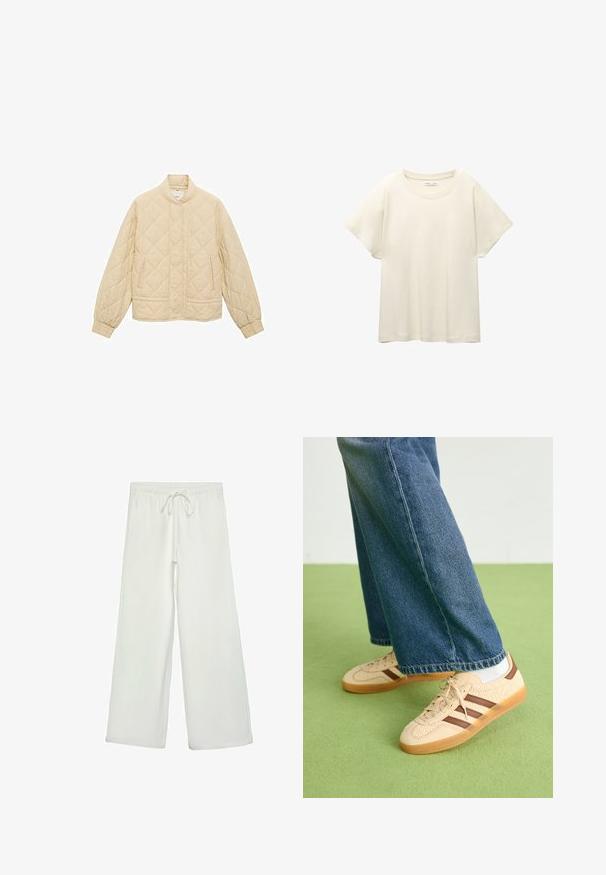 Prešita jakna v svetli bež barvi z visokim ovratnikom, elastičnimi manšetami in dvema sprednjima žepoma. Ima rombast vzorec po celotni tkanini.; Svetlo bež kratkosleeven majica s okroglim ovratnikom, izdelana iz mehke, gladke tkanine. Ima sproščen kroj in raven rob.; Bele široke hlače iz mehkega blaga. Imajo elastičen pas s vrvico in gladko teksturo. Brez vidnih vzorcev ali kovinskih delov.; Bež teniske z teksturiranimi kremnimi paneli in rjavimi črtami, v kombinaciji z modrimi kavbojkami. Kavbojke imajo široke hlačnice in raztrgan rob.