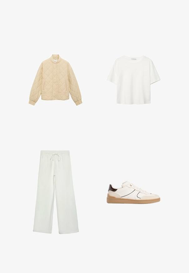 Prešita jakna v svetli bež barvi z visokim ovratnikom, elastičnimi manšetami in dvema sprednjima žepoma. Ima rombast vzorec po celotni tkanini.; Bela kratka majica s kratkimi rokavi iz bombaža. Ima okroglo izrezovanje in sproščen kroj. Gladka tekstura brez vidnih vzorcev ali poudarkov.; Bele široke hlače iz mehkega blaga. Imajo elastičen pas s vrvico in gladko teksturo. Brez vidnih vzorcev ali kovinskih delov.; Stradivarius Športni copati - white