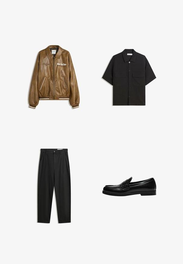Barna bőrbombázó dzseki textúrált felülettel, bordás mandzsettával és aljjal. Az "Motor Class Team" grafika és csíkos díszítések találhatóak a zsebeken.; Fekete, rövid ujjú ing sima textúrájú anyagból készült, két elülső zsebbel, klasszikus gallérral és gombos záródással.; Fekete pamut nadrág laza szabással, klasszikus derékrésszel, elülső hajtásokkal és oldalsó zsebekkel. Simább textúra minta nélkül.; Fekete bőr loafer sima felülettel, a vamp-on varrási részlettel és alacsony, szilárd fekete gumitalppal.