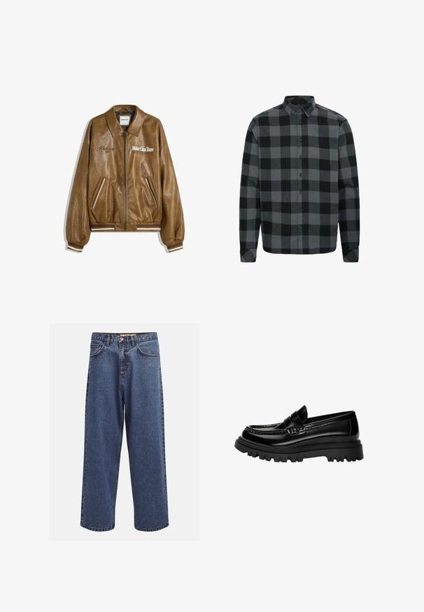 Jachetă de piele maro tip bomber cu un finisaj texturat, mâneci și tiv cu dungi. Prezintă grafica "Motor Class Team" și accente cu dungi pe buzunare.; Camasa din flanel în carouri gri și negre, cu mâneci lungi, guler cu butoni și butoane pe față. Textură moale și croi lejer.; Jeans din denim bleumarin, cu croi larg și un aspect decolorat, având fermoar cu buton, cinci buzunare și cusături contrastante pe margini.; Loafers din piele lăcuită neagră, cu o curea texturată, având o talpă din cauciuc negru masiv, cu caneluri adânci și un design clasic de mocasin.