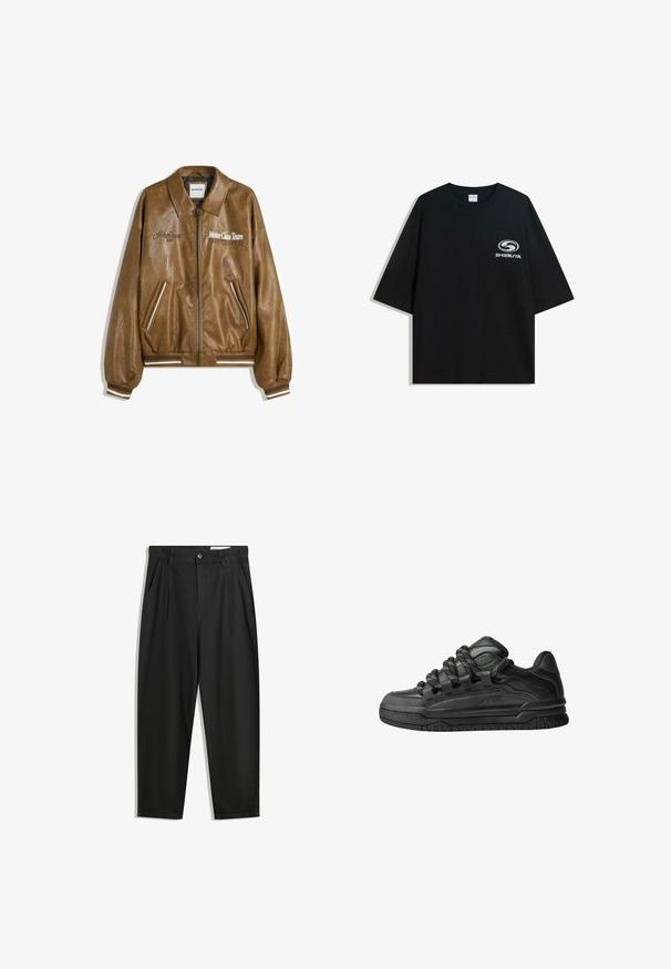 Rjava usnjena bomberska jakna z teksturirano površino, z ribanimi manšetami in robom. Ima grafiko "Motor Class Team" in črtaste dodatke na žepih.; Črna prevelika bombažna majica z okroglo ovratnico in kratkimi rokavi, z belim logotipom "Shibuya" natisnjenim spredaj.; Črne bombažne hlače s sproščenim krojem, ki vključujejo klasičen pas, sprednje gube in stranske žepke. Gladka tekstura brez vzorcev.; Črne superge z gladkim usnjenim zgornjim delom, teksturiranimi detajli in okroglimi črnimi ter belimi vezalkami. Debel gumijast podplat z vzorčastim profilom.