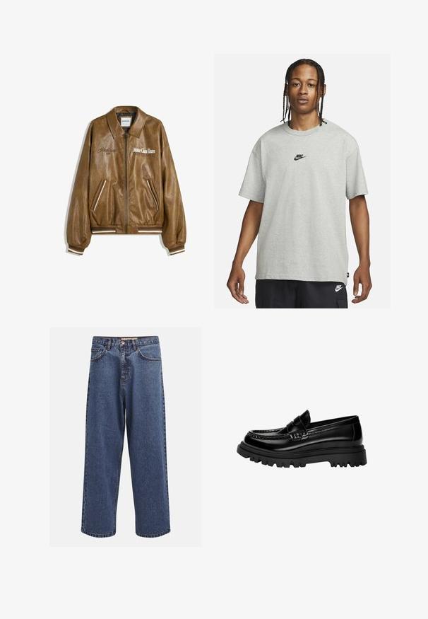 Braune Lederbomberjacke mit strukturiertem Finish, gerippten Bündchen und Saum. Mit Grafiken "Motor Class Team" und gestreiften Akzenten an den Taschen.; Junge Person mit geflochtenem Haar, die ein hellgraues Nike-T-Shirt und schwarze Nike-Shorts trägt, vor einem einfarbigen weißen Hintergrund.; Weite blaue Denim-Jeans mit einem verblassten Finish, ausgestattet mit einem Knopfverschluss, fünf Taschen und kontrastierenden Nähten entlang der Säume.; Schwarze glänzende Lederloafers mit einem strukturierten Riemen, ausgestattet mit einer klobigen schwarzen Gummisohle mit tiefen Profilen und einem klassischen Mokassindesign.