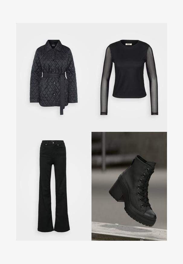 Μαύρο καπιτονέ μπουφάν με ζώνη στη μέση, κουμπιά μπροστά και γιακά. Διαθέτει υφή με διαμάντια και ευθεία μανίκια.; Μαύρη μακρυμάνικη μπλούζα με συμπαγές σώμα και διάφανες μανίκες από πλέγμα. Διαθέτει στρογγυλή λαιμόκοψη και εφαρμοστή σιλουέτα. Το ύφασμα έχει απαλό και ελαστικό φινίρισμα.; Μαύρα φαρδιά τζιν από τζην υλικό, με ψηλή μέση, πέντε τσέπες και μεταλλικό κούμπωμα. Λείο υφή με ελάχιστες λεπτομέρειες.; Μαύρες πλατφόρμες μπότες με ψηλή φτέρνα, από υφή δέρματος, με κορδόνια στο εμπρός μέρος και χοντρή τακούνι. Διαθέτουν καουτσούκ σόλα με χαρακτηριστικά σχέδια πατήματος.