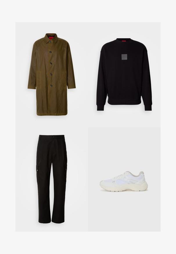 Olivgrüner, wasserfester Mantel mit geradem Schnitt, Knopfverschluss, seitlichen Taschen und Kragen. Hat eine glatte Textur.; Schwarze Sweatshirt mit langen Ärmeln, rundem Ausschnitt, grauem quadratischen Logo auf der Vorderseite, weicher Textur und gerippten Bündchen und Saum.; Schwarze Cargo-Hosen aus Baumwolle mit lockerem Schnitt, seitlichen Taschen, Knopfverschluss und geradem Bein. Einfaches Design ohne Muster.; Weiße Sportschuhe aus Mesh und Wildleder, mit einer strukturierten Zwischensohle, strukturierten Akzenten und dem "HUGO"-Logo an der Seite.
