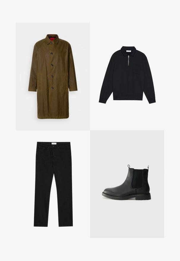 Manteau imperméable vert olive avec une coupe droite, fermeture à boutons, poches latérales et un col. Texture lisse.; Pier One Sweatshirt - black; Jean droit noir avec un design à cinq poches, fermeture à bouton et zip, et une étiquette de marque Pier One sur la taille.; Bottines Chelsea en cuir noir avec des panneaux élastiques sur les côtés, des languettes de tirage, un bout arrondi et une semelle en caoutchouc texturée. Surface lisse et design robuste.