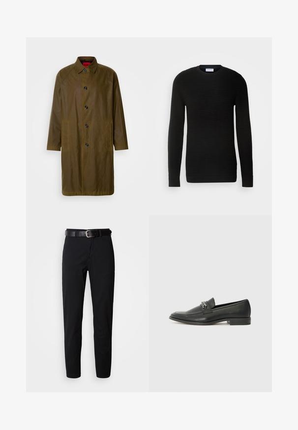 Olive rohelise veekindel ülerõivas sirge lõikega, nööpidega kinnitamine, küljetaskud ja kraega kaelus. Omab sujuvat tekstuuri.; Musthave musta pika varrukaga sviiter, millel on soonikkoes, ümar kaelus ja rattakujulised mansetid. Valmistatud pehmest ja venivast materjalist.; Mustad püksid sirge lõikega, sileda tekstuuriga ja must nahkrihm hõbedase pandlaga. Lihtne disain, ilma mustrite või aktsentideta.; Must haveate nahkking punased, millel on sile viimistlus, tikitud muster ja dekoratiivne metallkett vampi üle. Tasane konts.