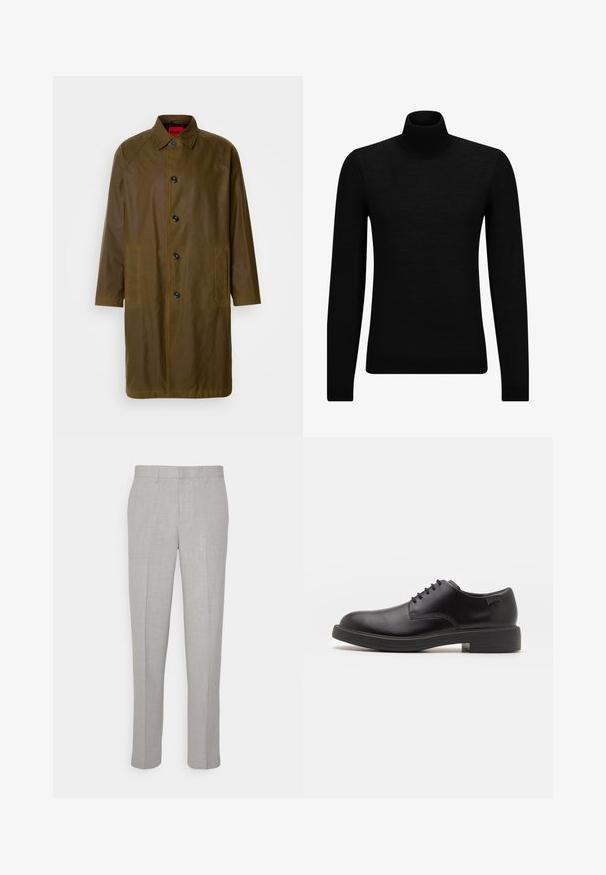 Impermeabile verde oliva con taglio dritto, chiusura con bottoni, tasche laterali e colletto. Presenta una texture liscia.; Maglione a collo alto nero realizzato in materiale morbido, con maniche lunghe e vestibilità aderente. Bordo a coste all'orlo e ai polsini. Design semplice.; Pantaloni grigi chiari con una texture liscia, frontale piatto e gambe dritte. Realizzati in tessuto traspirante, dotati di tasche interne e passanti per cintura.; Scarpa nera in pelle con lacci, punta tonda, texture liscia, cuciture minime e tacco in gomma basso. Logo sul tacco.