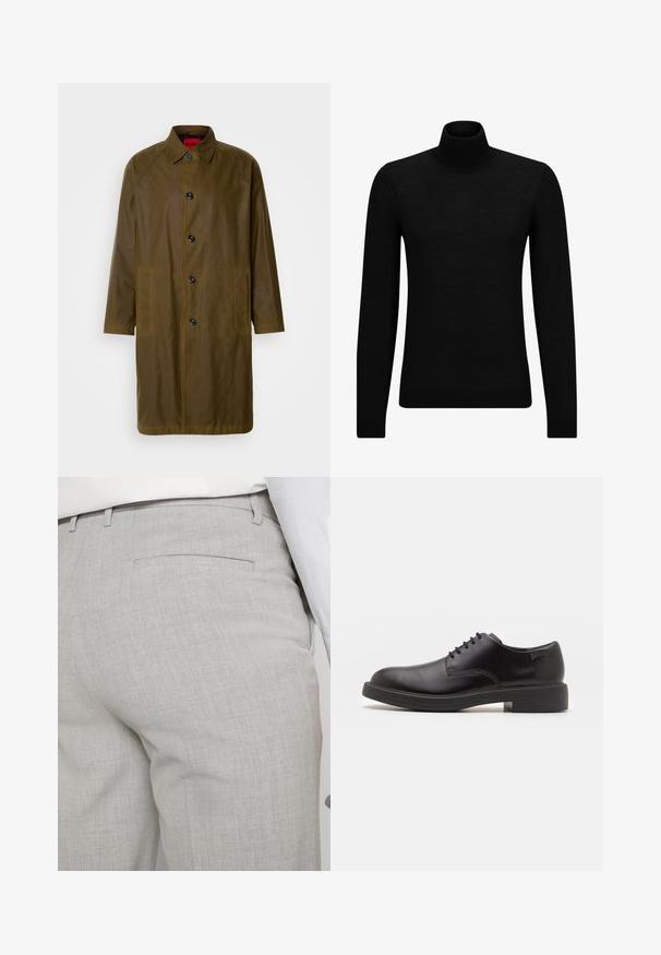 Olive green waterproof overcoat with a straight cut, button closure, side pockets, and a collared neckline. Features a smooth texture.; Black turtleneck sweater made of soft material, featuring long sleeves and a snug fit. Ribbed trim at the hem and cuffs. Simple design.; Light gray tailored trousers made of textured fabric, featuring a single back pocket and clean stitching.; Black leather lace-up shoe with a rounded toe, smooth texture, minimal stitching, and a low rubber heel. Logo on the heel.