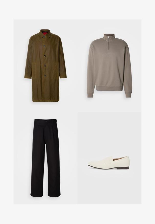 Manteau imperméable vert olive avec une coupe droite, fermeture à boutons, poches latérales et un col. Texture lisse.; Sweatshirt zippé marron avec un col montant, des poignets et un ourlet côtelés. Présente un petit logo au centre. Fabriqué en matériau doux.; Pantalon noir en tissu lisse, avec une coupe droite, des plis à l'avant et une fermeture à bouton unique à la taille.; Mocassins beige clair avec un bout pointu, en matériau lisse, une sangle sur le devant et une semelle basse marron. Design simple avec des accents minimalistes.
