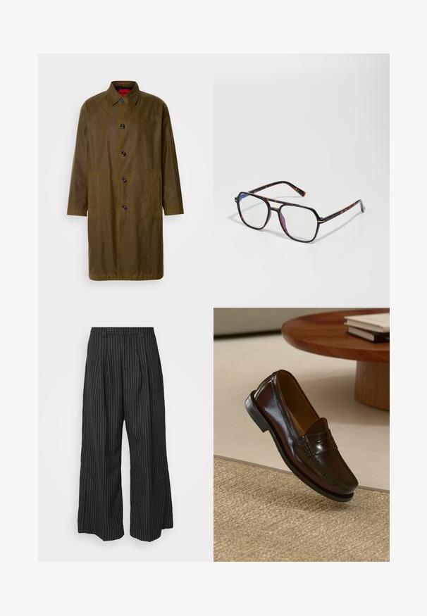 Olivu zaļa ūdensnecaurlaidīga mēteli ar taisnu griezumu, pogu aizdari, sānu kabatām un apkakles kakla izgriezumu. Izceļas ar gludu tekstūru.; Tumši zila īsām piedurknēm krekls ar baltām vertikālām svītrām. Iezīmē klasisko apkakli un divām krūšu kabatām ar horizontālām svītrām.; Melnas strīpainas platās bikses ar pieūgumiem, ar pielāgotu dizainu un mīkstu tekstūru. Nav redzamu detaļu vai akcentu.; Brūni ādas loafers ar spīdīgu apdari, ar izšitām detaļām frontē un zemu melnu gumijas zoli.; Tortoazēla raksta saulesbrilles kvadrātveida formā, ar caurspīdīgām lēcām un plāniem metāla akcentiem uz rāmja.