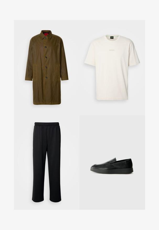 Olive rohelise veekindel ülerõivas sirge lõikega, nööpidega kinnitamine, küljetaskud ja kraega kaelus. Omab sujuvat tekstuuri.; BOSS TEE - Lihtne T-särk - open white; Mustad mustrendiga sportpüksid, valmistatud pehmest ja hingavast kangast. Omavad elastset vööd ja sirgeid jalgu, ilma silmatorkavate aksessuaare või mustriteta.; Calvin Klein HYBRID CUP - Jalga libistatavad jalanõud - triple black