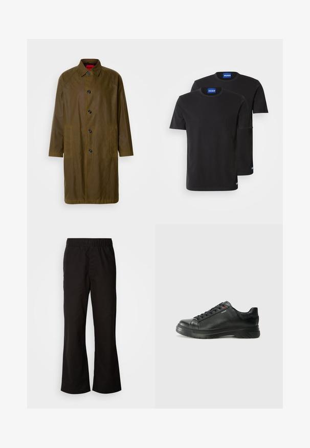 Olivgrüner, wasserfester Mantel mit geradem Schnitt, Knopfverschluss, seitlichen Taschen und Kragen. Hat eine glatte Textur.; Zwei schwarze Baumwoll-T-Shirts mit Rundhals, kurzen Ärmeln und blauen "HUGO"-Labels an den Kragen und seitlichen Säumen.; Schwarze Hose mit elastischem Bund in ausgestellter Form, aus glattem Baumwollstoff gefertigt. Verfügt über ein einfaches Design und gerade Beinöffnungen.; Schwarze Leder-Sneaker mit strukturiertem Obermaterial, gepolstertem Kragen und rotem Logo-Detail. Verfügt über eine dicke Gummisohle mit markantem Profil.