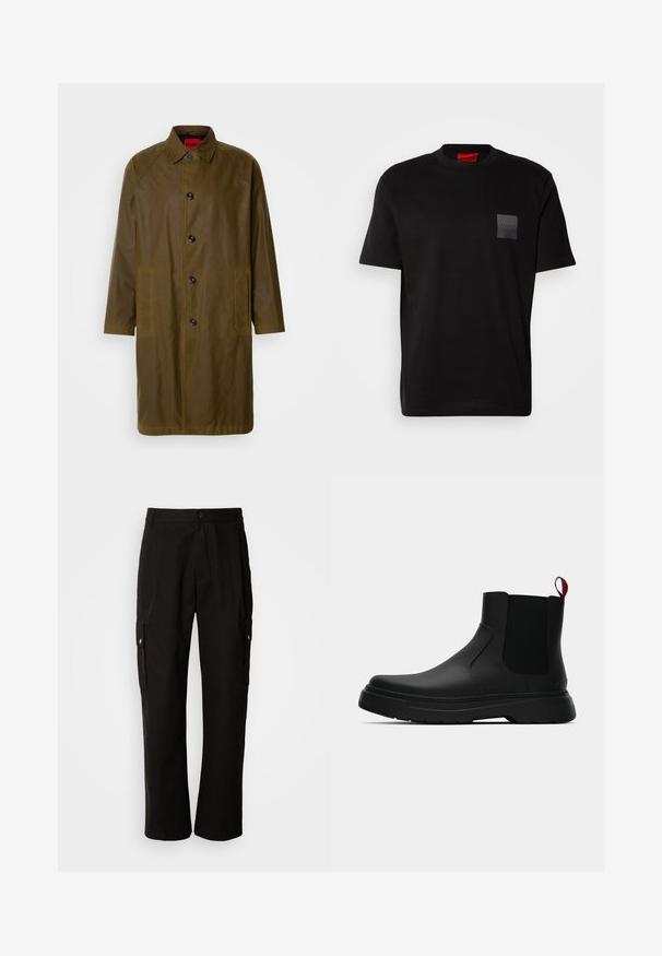 Olive green waterproof overcoat with a straight cut, button closure, side pockets, and a collared neckline. Features a smooth texture.; Black cotton T-shirt with a crew neck, featuring a textured black patch with logo on the left chest. Short sleeves and relaxed fit.; Black cargo pants made of cotton with a relaxed fit, featuring side pockets, a button closure, and straight legs. Simple design without patterns.; Black ankle boot with a smooth finish, elastic side panels, and a contrasting red pull tab, featuring a thick rubber sole and rounded toe.