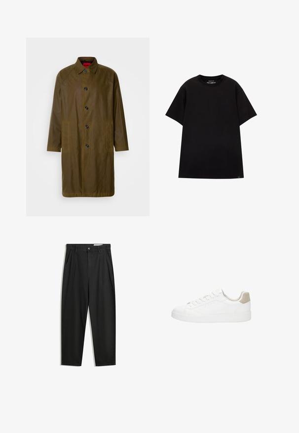 Maslinasto zeleni vodootporni kaput ravnog kroja, s dugmadi, bočnim džepovima i ovratnikom. Ima glatku teksturu.; PULL&BEAR JOIN LIFE - Osnovna majica kratkih rukava - black; Crne pamučne hlače s opuštenim krojem, s klasičnim pojasom, prednjim nabranjima i bočnim džepovima. Glatka tekstura bez uzoraka.; Bijele tenisice s glatkim kožnim gornjištem i okruglim vrhom. Imaju bež zamšastu petu, ravne vezice i bijeli gumeni potplat.