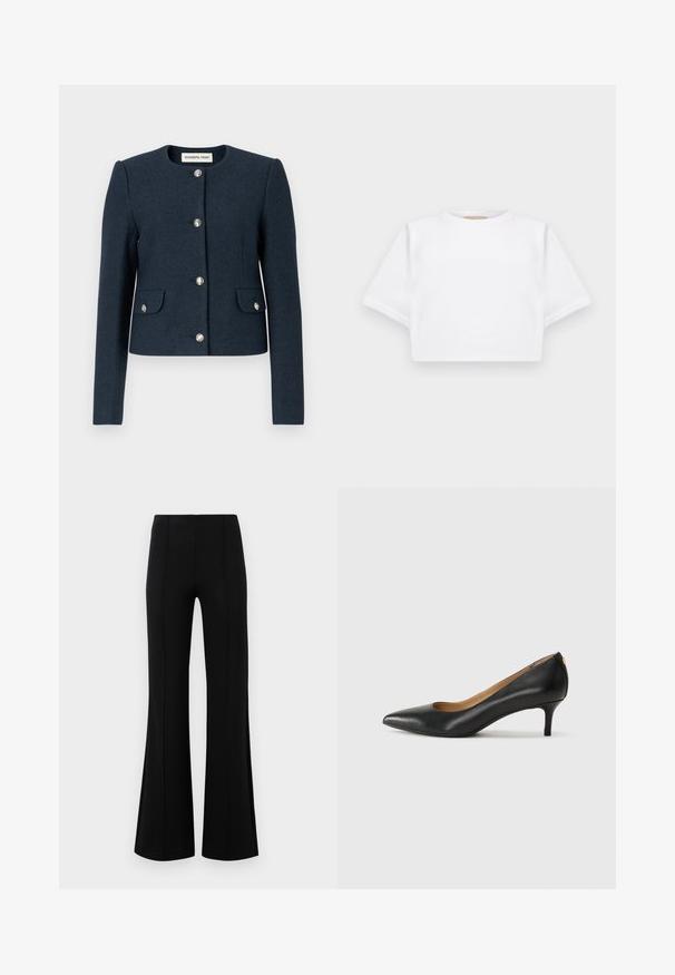 Sötétkék gyapjúkeverék zakó, kerek nyakkal, hosszú ujjakkal, négy ezüstgombos záródással és két elülső zsebbel. Texturált anyag.; Rövid ujjú, puha anyagból készült, vágott fehér póló, kör alakú nyakkivágással és bordázott alsó résszel. Egyszerű és díszítetlen kialakítás.; Fekete, flared nadrág magas derékkal, rugalmas anyagból készült. Elölnézetén függőleges varrásokkal rendelkezik, sima textúrával.; Fekete bőrpumpa hegyes orral, alacsony sarokkal és sima felülettel. Elöl enyhe nyílással rendelkezik, hátul pedig minimális részletezéssel.