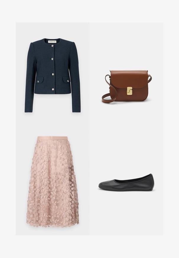 Jūras spēku zilas vilnas maisījuma jaka ar apaļu kaklu, garām piedurknēm, četriem sudraba pogu aizdariem un divām priekšējām kabatām. Strukturēta auduma.; Balta īsām piedurknēm T-krekls, izgatavots no ribota auduma. Apaļš izgriezums, regulāra piegriezuma un diskrēti šuvumu detaļas. Bez printiem vai grafikām.; Mežģīņu midi svārki maigā pinka krāsā ar ziedu izšuvumu, ar pieguļošu vidukļa līniju un slāņainu dizainu, izceļot smalku tekstūru.; Melna ādas baleta kurpe ar noapaļotu purngalu, gludu tekstūru, minimālu šuvju detalizāciju un elastīgu zoles dizainu.; Bordo ādas rokas soma ar atloku, zeltītām detaļām, plecu siksnu un gludu virsmu. Kompakta, taisnstūrveida forma.