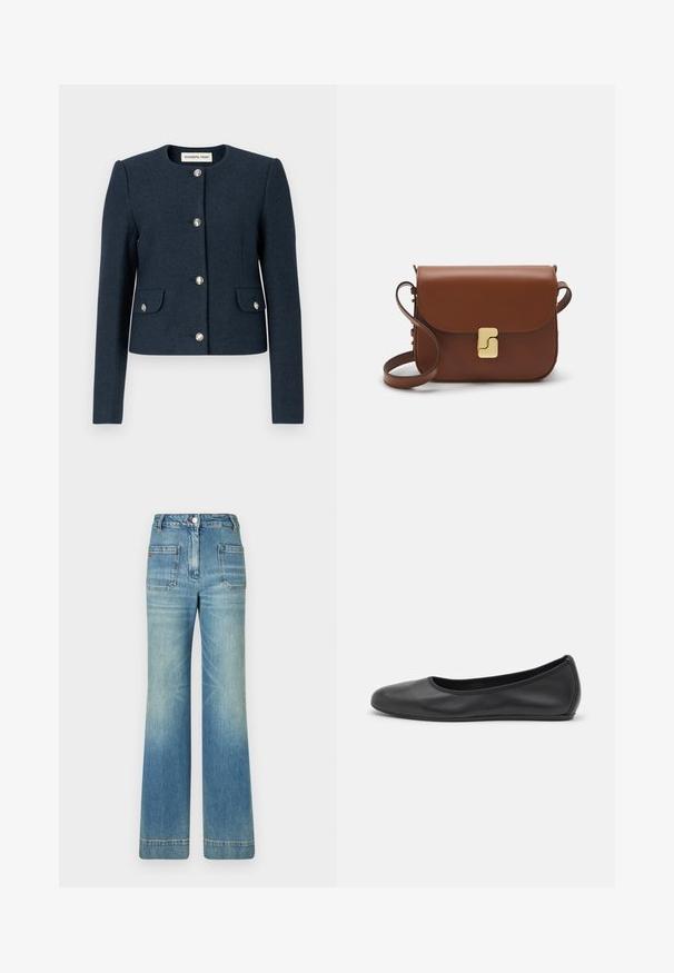 Sacou din lână navy cu un guler rotund, mâneci lungi, patru închideri cu nasturi argintii și două buzunare frontale. Material texturat.; Tricou alb cu mânecă scurtă, confectionat dintr-un material texturat. Gât rotund, tăietură regulară și detalii subtile de cusătură. Fără modele sau grafice.; Jeans din denim albastru deschis, cu talie evazată, cinci buzunare, bucle pentru curea, închidere cu nasture și o textură ușor decolorată, având un detaliu cu logo roșu pe spate.; Balerini din piele neagră, cu vârf rotund, textură netedă, detalii de cusătură minimale și un design al tălpii flexibil.; Geantă de piele maro cu închidere tip capac, accesorii de culoare aurie, curea de umăr și o textură netedă. Formă compactă și rectangulară.
