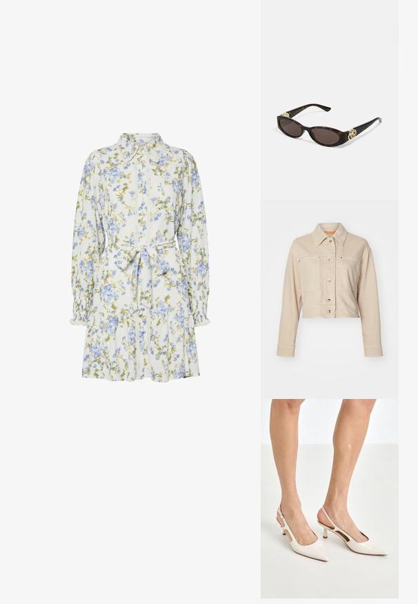 Lühendatud beež denimpusa, millel on terav krae, kaks esist kõik, hõbedased nööbid ja oranž sisekatte detail.; Valge lilleline kleit siniste ja roheliste lilledega, millel on krae, nööbiga esitasku, pikad varrukad elastsete mansettide ja talje seotud lipsuga.; Beesek patentnaha slingback kontsad 5 cm kontsaga, millel on terav nina ja lõigatud külgedega ning õhuke pahkluu rihm.; Kilpkonnakilbi stiilis prillid piklik-ovaalsete läätsede, pruunika tooniga, kuldsete logo aktsentidega templitel ja elegantsed mustad varred.; Helme ja kristallide kaelakee, millel on ümara, helmestega disain heledates toonides, vahelduvad pärlid ja säravad aktsendid, kantud kaela ümber.